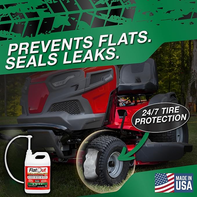 Flat Out Off Road Tire Sealant, Outdoor Power Equipment Formula with Valve Core Tool, Prevents Flat Tires, Fix a Flat Tire, Seals Leaks, Contains Kevlar, 1 Gallon