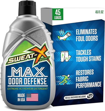 Sweat X Max Odor Defense Laundry Detergent – Remove the Worst Odors & Toughest Stains – High Performance Sports Wash for Training Gear & All Fabric Types – 45 Loads – 1 Pack