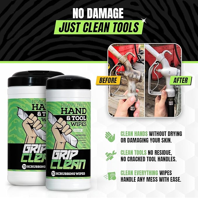 Grip Clean Heavy Duty Hand & Tool Cleaning Wipes – Waterless Hand Cleaner for Mechanics, Garage & Shop Use – Dual-Sided Grease, Oil & Paint Remover Wipes with Citrus Scent - 30ct (6 Pack)