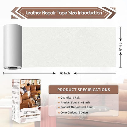 KING MOUNTAIN Leather Repair Patch,4 x 63 Inches self Adhesive Leather Repair Tape for Damaged Leather Furniture, Sofa Seating,Car Seats, Leather Goods（White）