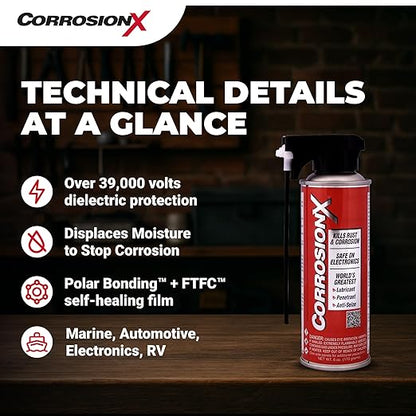 CorrosionX Rust Inhibitor, Industrial-Strength Dielectric Corrosion Prevention, Lubricant & Penetrant for Marine, Automotive, Electronics & RV Use, Protects Bolts, Cables, Engines, Parts, 6oz Aerosol