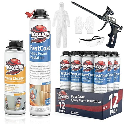 Kraken Bond Fastcoat Fire Rated Spray Foam Insulation Kit - (12x27.1 oz.) (R-Value 11.32 / 2in) Closed Cell Expanding Foam - Heat and Acoustic Insulation, Gun & Cleaner Includes, 240 Board Ft 12 Pack