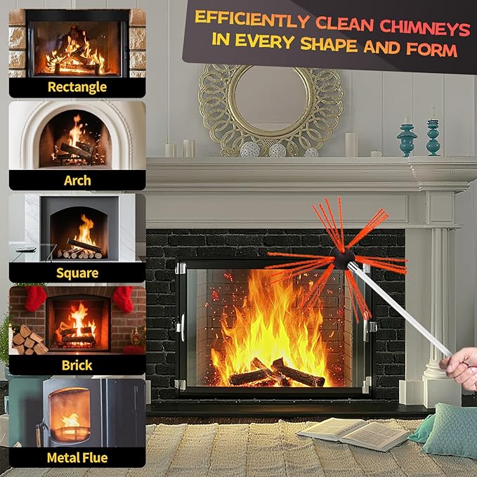 Cleancraft 20 Feet Chimney Sweep Kit, Chimney Cleaning Kit with 6 Flexible White Chimney Rods, Rotary Chimney Cleaning System Driven by Drill for Sweeping Fireplace, Chimney Cleaners with Strong Brush