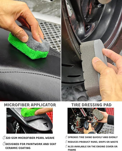 oesee 8 Pack Motorcycle Cleaning Kit - Professional Safe for Chrome/Engine/Tires, Hard Reach Brush, Microfiber Mitt, Detailing Tools, Drying Towel & Wax Applicators