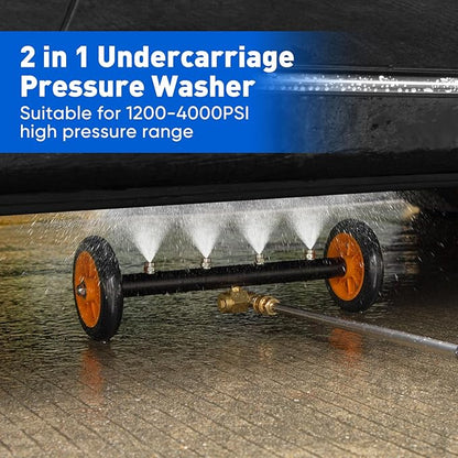 2-in-1 16' Undercarriage Pressure Washer Water Broom, 4000PSI Under Car Pressure Washer Attachment with 3 Pieces Extension Wand & Hub Brusher, Surface Cleaner (without Bottle& Replaceable Nozzle)