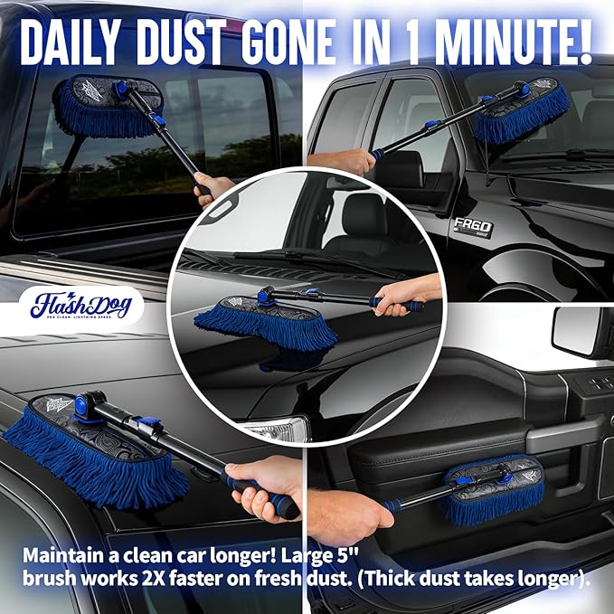Flash Dog Car Duster Exterior with Car Duster Interior Wax Cotton Hair Scratch Free Cleaning for Cars, SUVs, Trucks | Waterless Dust Remover & Detailing Brushes Set with Storage
