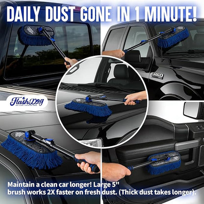 Flash Dog Car Duster Exterior with Car Duster Interior Wax Cotton Hair Scratch Free Cleaning for Cars, SUVs, Trucks | Waterless Dust Remover & Detailing Brushes Set with Storage
