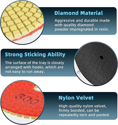 14 Pack 4 Inch Diamond Polishing Pads Kit with 2PCS 5/8’’-11 Backer Pad 12PCS Wet/Dry Polish Pad Set for Drill Grinder Polisher 50-8000 Grit Pads for Granite Marble Stone Concrete Countertop Quartz