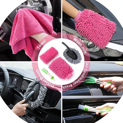 AUTODECO 39Pcs Car Cleaning Wash Kit Interior Detailing Cleaner Kit with High Power Handheld Vacuum, Brush Set, Windshield Tool, Duster, Towels, Tire Brush, Complete Car Care Tools, Pink
