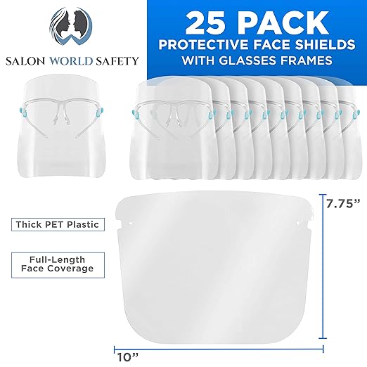 TCP Global Salon World Safety Face Shields with Glasses Frames (Pack of 25) - Ultra Clear Protective Full Face Shields to Protect Eyes, Nose, Mouth - Anti-Fog PET Plastic, Goggles
