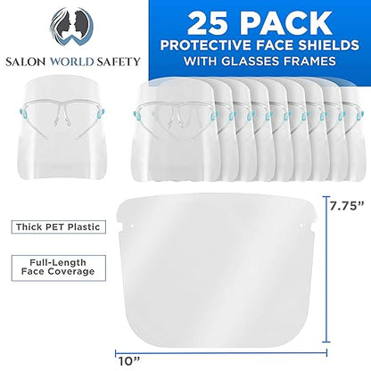 TCP Global Salon World Safety Face Shields with Glasses Frames (Pack of 25) - Ultra Clear Protective Full Face Shields to Protect Eyes, Nose, Mouth - Anti-Fog PET Plastic, Goggles