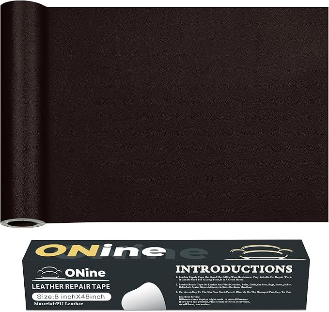 ONine Leather Repair Tape,Self Adhesive Leather Repair Patch,Leather Patches for Furniture,Sofa,Car Seats,Office Chair. Vinyl Repair Kit 8x48in(Dark Brown-Fine Grain)