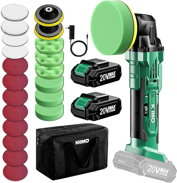 KIMO 20V Cordless Car Buffer Polisher Kit, 25Pcs Polishing Kit, 6 Speeds to 6000RPM / 2*2000mAh Batteries Cordless Polishers, Buffer Polisher for Car Detailing, Scratch Removing, Boat Sanding & Waxing