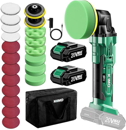 KIMO 20V Cordless Car Buffer Polisher Kit, 25Pcs Polishing Kit, 6 Speeds to 6000RPM / 2*2000mAh Batteries Cordless Polishers, Buffer Polisher for Car Detailing, Scratch Removing, Boat Sanding & Waxing