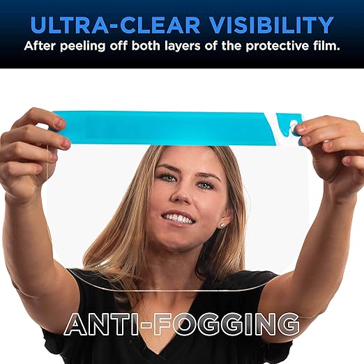 Salon World Safety Face Shields (100-Black & 100 Blue) - Ultra Clear Protective Full Face Shields to Protect Eyes, Nose and Mouth - Anti-Fog PET Plastic, Elastic Headband - Sanitary Droplet Guard