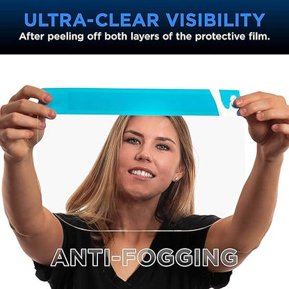 Salon World Safety Face Shields (100-Black & 100 Blue) - Ultra Clear Protective Full Face Shields to Protect Eyes, Nose and Mouth - Anti-Fog PET Plastic, Elastic Headband - Sanitary Droplet Guard