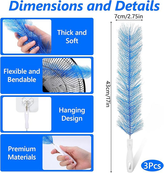 3 Pcs Bendable Fan Cleaning Brush Reusable Microfiber Washable Fan Cleaner Duster for Ceiling Fan Blades Air Conditioning Home Vents Shutters Car Interior (Blue)