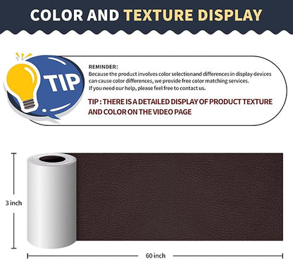 ONine Leather Repair Patch，Leather Repair Tape, 3 x 60 inches Leather Repair Patch for Furniture,Vinyl Repair Kit，Leather Couch Patch，for Sofas, Furniture, Car Seats, Office Chairs(Dark Reddish Brown)