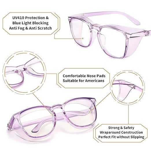 Alsenor Safety Glasses Anti Fog Goggles Protective Eyewear Blue Light Blocking Anti Dust UV Protection Glasses For Men Women (2 Pack (Sky-Blue + Lilac))