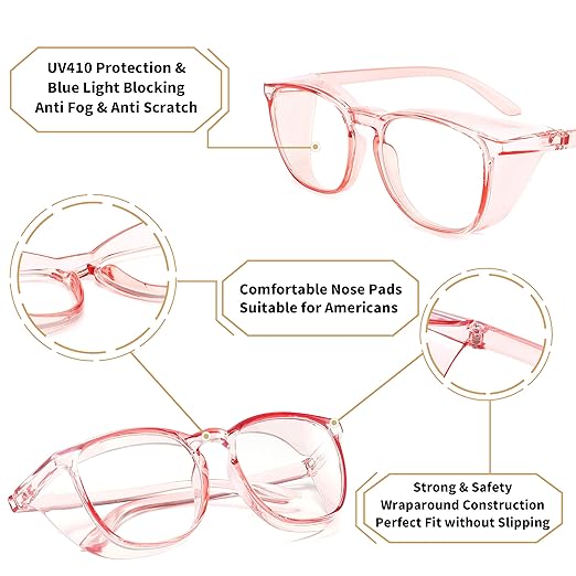 Alsenor Safety Glasses Anti Fog Goggles Protective Eyewear Blue Light Blocking Anti Dust UV Protection Glasses For Men Women (2 Pack (Pink + Clear))
