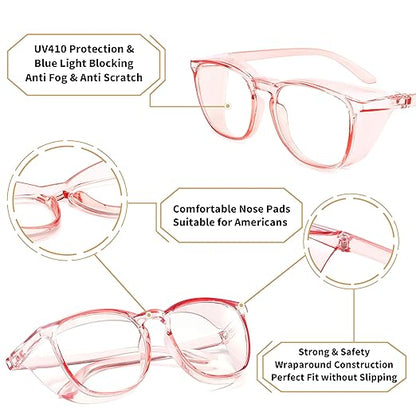 Alsenor Safety Glasses Anti Fog Goggles Protective Eyewear Blue Light Blocking Anti Dust UV Protection Glasses For Men Women (2 Pack (Pink + Clear))