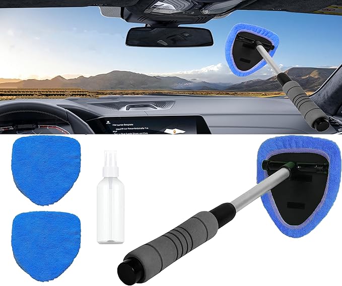 Windshield Cleaner Tool With Reusable Microfiber Pads - Car Window Glass Wiper Kit With Extendable Handle for Cleaning (1, Blue)