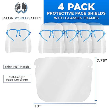 TCP Global Salon World Safety Face Shields with Blue Glasses Frames (Pack of 4) - Ultra Clear Protective Full Face Shields to Protect Eyes, Nose, Mouth - Anti-Fog PET Plastic, Goggles