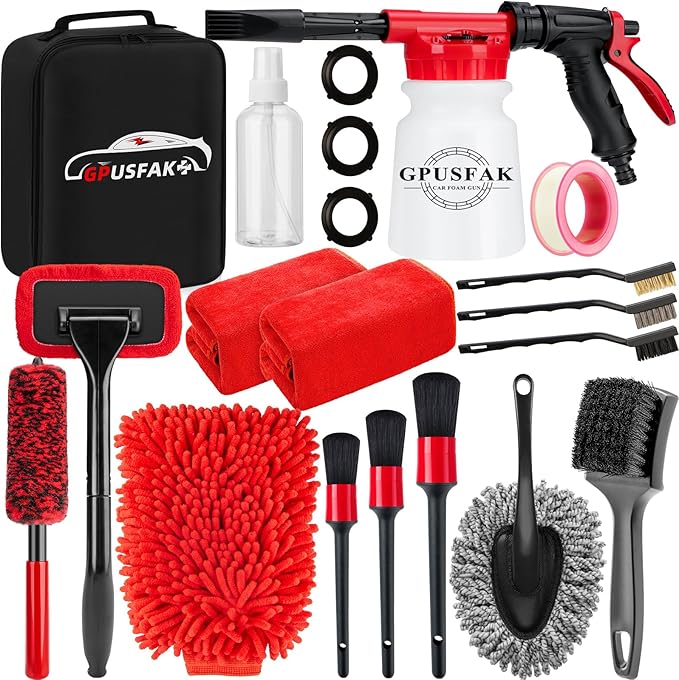 GPUSFAK 16Pcs Car Wash Cleaning Kit with Foam Gun Sprayer Detailing Brushes Windshield Cleaning Tool Rim and Tire Brush Towels Complete Interior Exterior Detailing Set for Car
