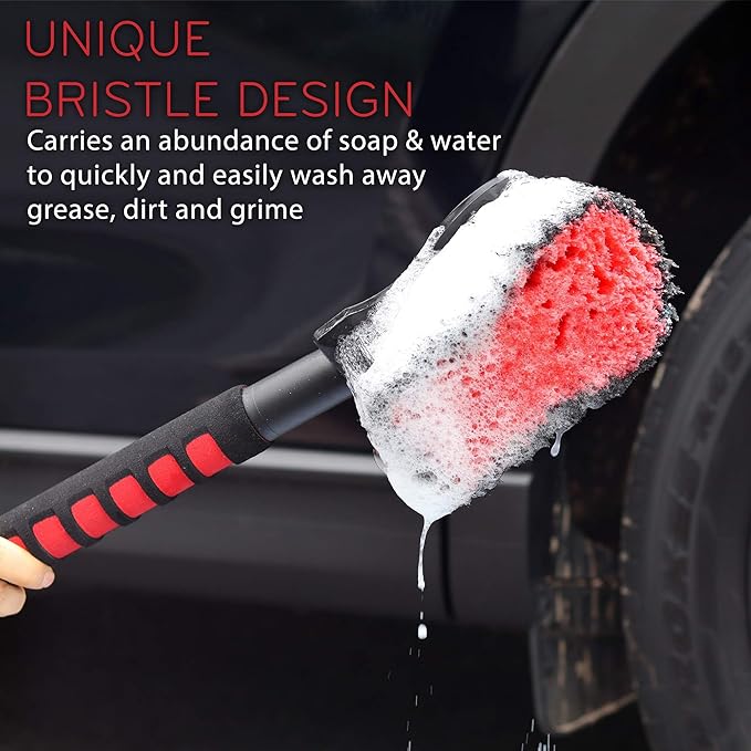 TAKAVU 17.5" Wheel Tire Body Brush Soft Bristle - Gentle Car Wash Brush Long Handle for Safe Tire Sidewall & Wheel Cleaning - Scratch - Free Automotive Tool