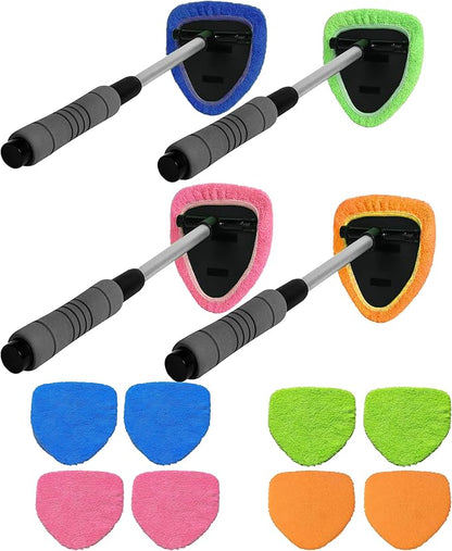 Windshield Cleaning Tool with Reusable Microfiber Pads Glass Wiper Kit, Extendable Handle Car Window Cleaner (1, Orange)
