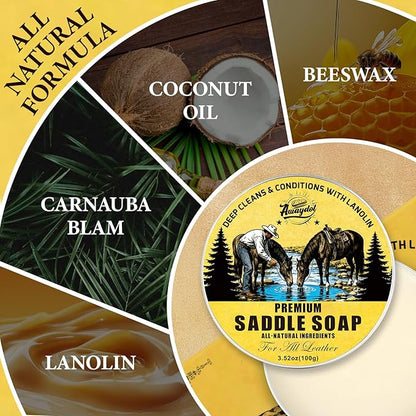 Awaydol Saddle Soap for Leather 3.52oz,3-in-1 Leather Cleaner & Conditioner to Soften,Protect Leathercraft with Horsehair Brush & Cloth,Leather Soap for Car Interior,Couch,Shoe,Purse,Boot,Bag & Saddle