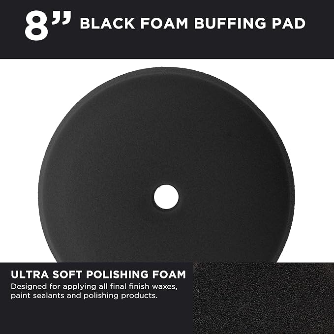 TCP Global 8" Black Foam Buffing Pad Extra Fine Finishing Polish Hook and Loop Backing - Buffing Pad for Automotive, Marine, Truck, RV & Compound Cutting