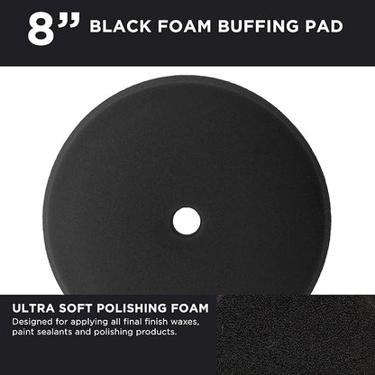 TCP Global 8" Black Foam Buffing Pad Extra Fine Finishing Polish Hook and Loop Backing - Buffing Pad for Automotive, Marine, Truck, RV & Compound Cutting