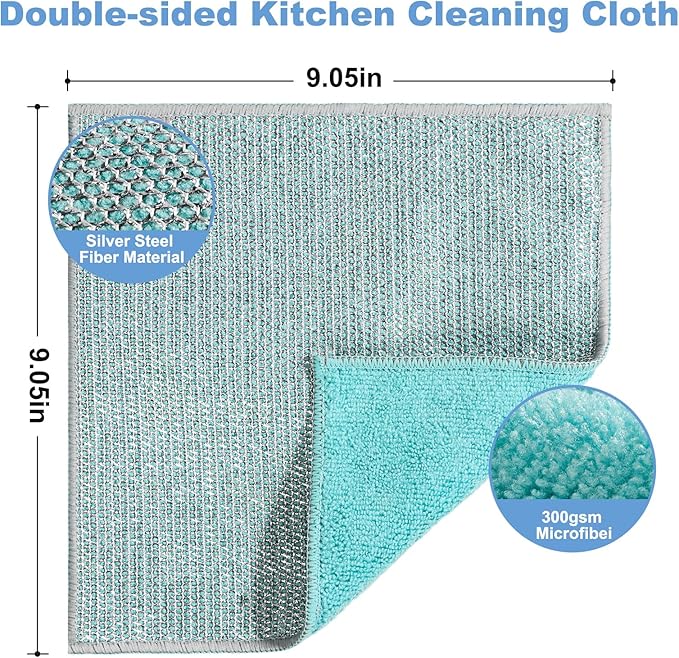 TIVERAIN 10pcs New Upgrade 2-Layer Microfiber Wire Dishcloth,Non-Scratch Wire Dishwashing Rags for Wet and Dry,Metal Scrubbers, Kitchen Miracle Cleaning Dish Rags for Cookware,Sinks, Dishes,Stove,Blue