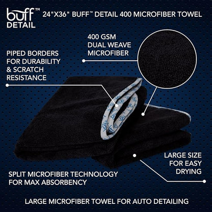 Detail Microfiber Car Towels Bulk (24"x 36") | 400 GSM | 80/20 Blend | Tagless | Soft Satin Piped Edges | All-Purpose Auto Detailing - Wax, Buff, Polish, Wash, Dry | Case of 64 (Black)