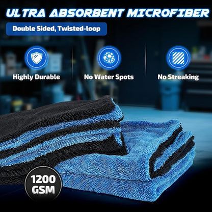 2-Pack 1200 GSM Car Drying Towels – Microfiber Towels for Cars (36" x 24"), Ultra-Absorbent, Streak-Free, Scratch-Free, No Water Spots, Double-Twist Pile & Edgeless Design(Blue)