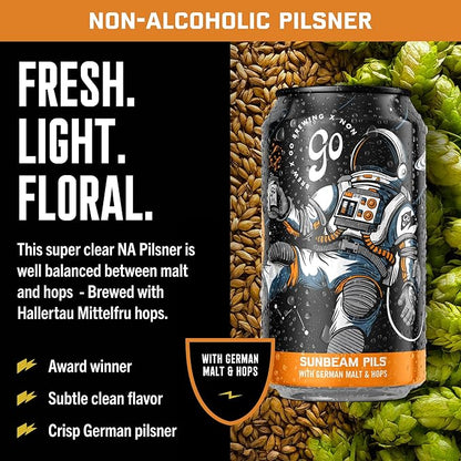 Go Brewing Non-Alcoholic Beer - Small Batch, Low-Calorie Brew - Fresh, Light, and Floral Profile - Bold & Smooth Finish Craft Beer - Classic Ingredients - Suspended in a Sunbeam Pils (12 Oz, 12 Cans)