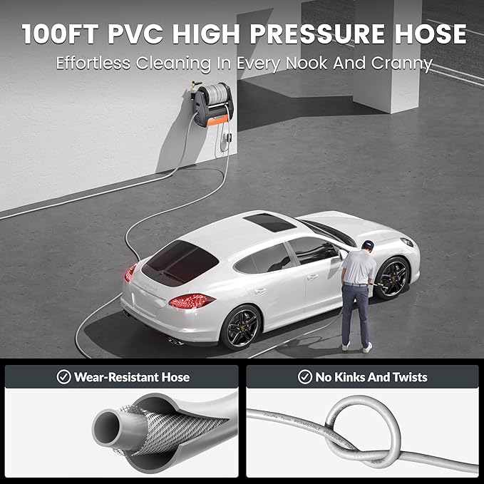 Giraffe Tools Grandfalls Retractable Pressure Washer Pro, Wall Mounted Pressure Washer with 1800W Brushless Motor, 3700PSI Electric Power Washer with 100ft Pressure Hoses, Dark Silver