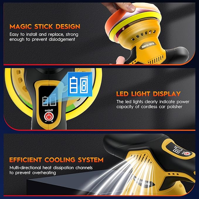 Cordless Car Polisher Kit for Waxing & Scratch Removal, Beginner-Friendly 6-Inch Car Buffer with 2×21V Batteries, 8-Speed 2800–6000 RPM, 21-Piece Detailing Set
