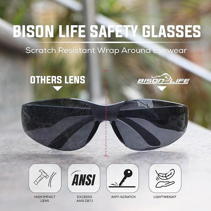 BISON LIFE Safety Glasses - Scratch Resistant Wrap Around Eyewear, Polycarbonate ANSI Z87.1 Impact Resistant Lens