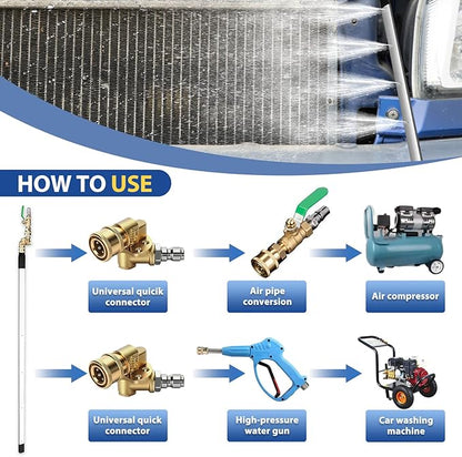 304 Stainless Steel Car Radiator Cleaner 4500PSI High-Pressure 4-Hole Fan Nozzle, 1/5" Ultra-Thin Flat Design, 180° Rotating Brass Adapter, Water-Air Dual-Use. Fits tight spaces