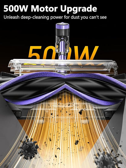 Cordless Vacuum Cleaner, 46KPa/500W Stick Vacuum with 55 Mins Runtime, Self-Standing Vacuum Cleaner for Home, LED Display, Anti-Tangle Brush, Rechargeable Vacuum for Hardwood Floor, Pet Hai (Purple)