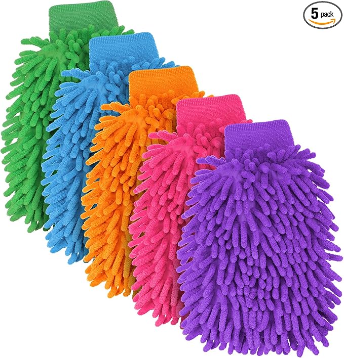 BBTO 5 Pieces Car Wash Mitts Chenille Microfiber Wash Mitts Double Sided Scratch-Free