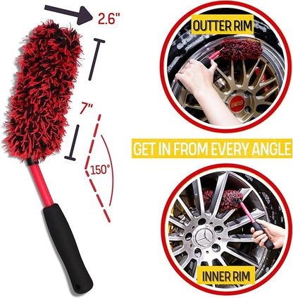 Metal Free Microfiber Wheel Brush Kit- Microfiber Angled Wheel Brush, Long Handle Wheel Brush, Tire& Detailing Brush, Wheel Wash Mitt. Hands-On Wheel Detailing Kit for Daily Wheel Cleaning