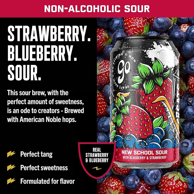 Go Brewing - New School Sour Berry - Non-Alcoholic Craft Beer - Small Batch, Low-Calorie Brew - Blueberry and Strawberry Flavor Profile - Bold & Smooth Finish - Ideal for Any Occasion (12 Oz, 12 Cans)