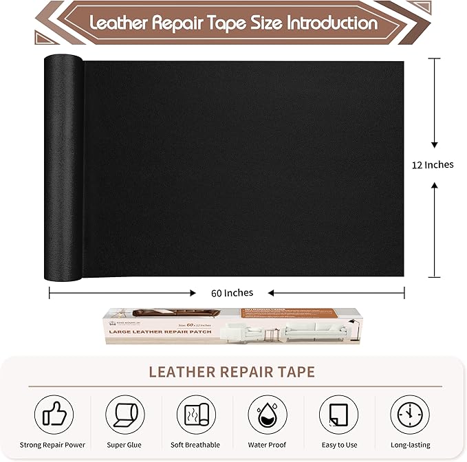 KING MOUNTAIN Leather Repair Patch,12 x 60 Inches self Adhesive Leather Repair Tape for Damaged Leather Furniture, Sofa Seating,Car Seats, Leather Goods（Fine Grained Black）
