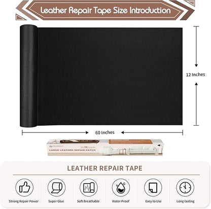 KING MOUNTAIN Leather Repair Patch,12 x 60 Inches self Adhesive Leather Repair Tape for Damaged Leather Furniture, Sofa Seating,Car Seats, Leather Goods（Fine Grained Black）