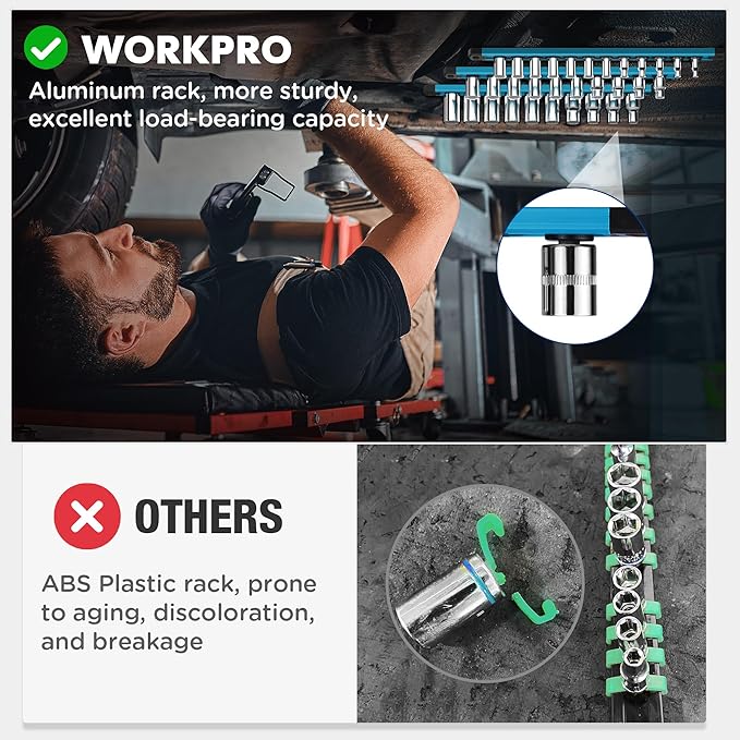 WORKPRO Magnetic Socket Organizer, 1/2-Inch Drive Aluminum Alloy Socket Rail, Heavy Duty Socket Holder, Socket Rack Kit 1/2-Inch x 10 Clips Sky Blue (Socket not Included)