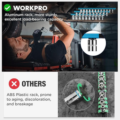 WORKPRO Magnetic Socket Organizer, 1/2-Inch Drive Aluminum Alloy Socket Rail, Heavy Duty Socket Holder, Socket Rack Kit 1/2-Inch x 10 Clips Sky Blue (Socket not Included)