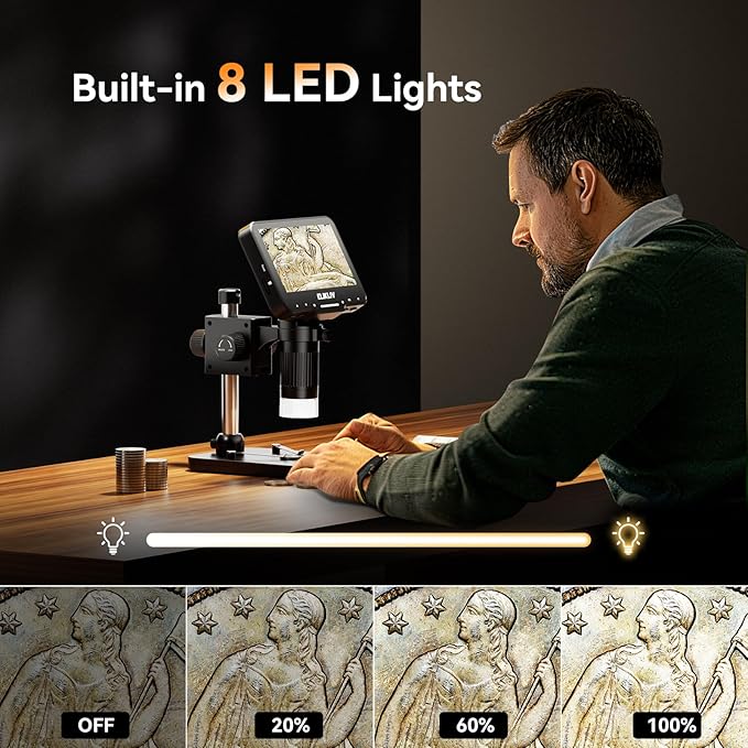 Elikliv Coin Microscope for Adults: 4.3'' LCD Digital Microscope 1000x with 8 Adjustable LED Lights, PC View Compatible with Windows/MacBook, EDM4 Max
